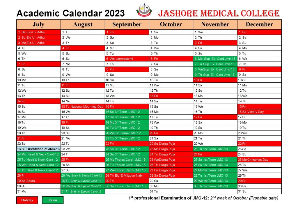 Academic Calendar JASHORE MEDICAL COLLEGE